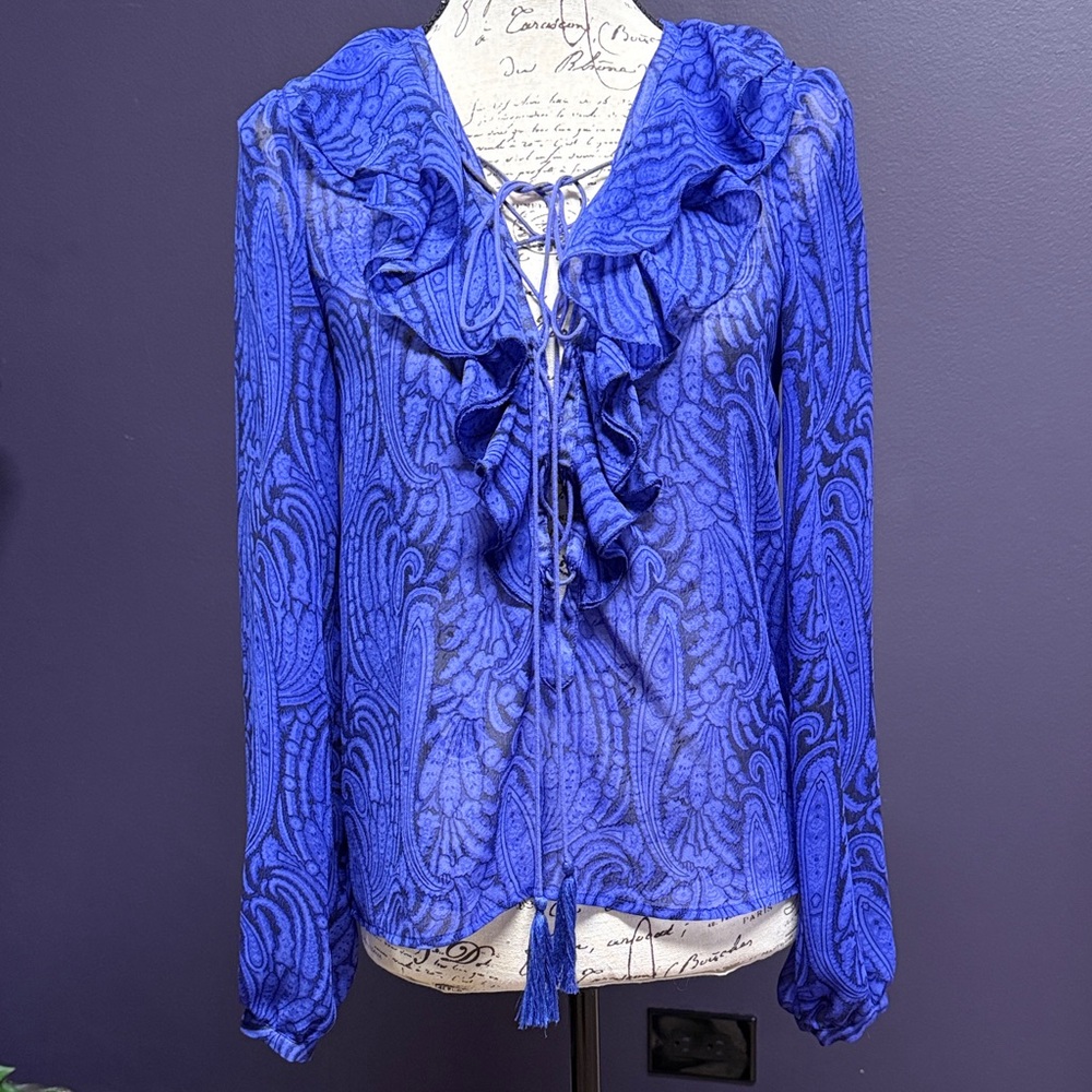 The Jetset Diaries Cobalt Blue Patterned Ruffle Blouse